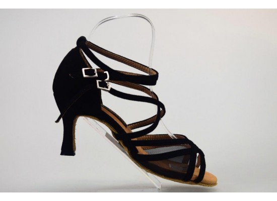 QueenExclusive Salsa and Latin Dance Shoe black suede and black net 2.5" flare heel